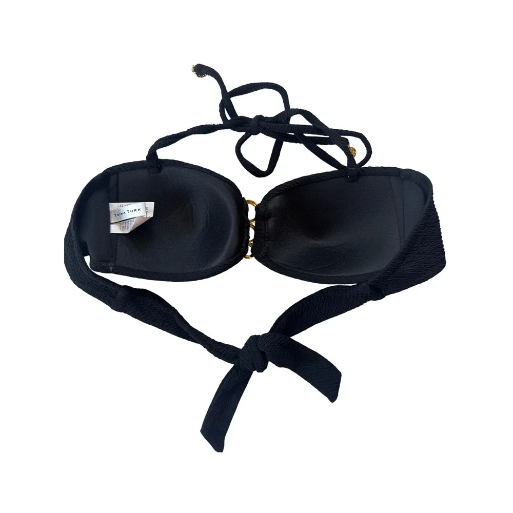 Trina Turk Bikini Top Women 6 Black Textured Gold Ring Halter Swim